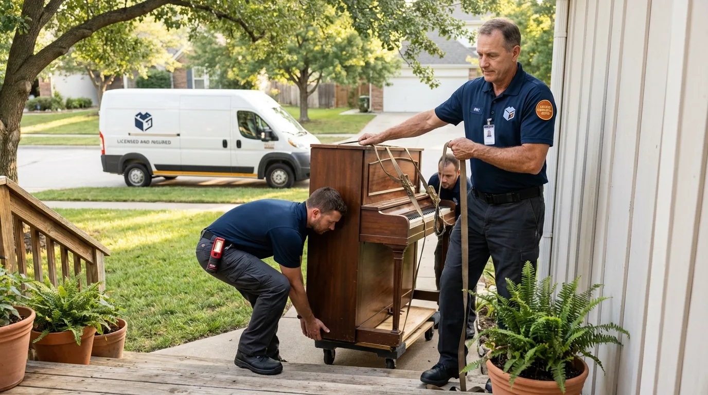 Licensed piano movers securing grand piano in River Edge, NJ
