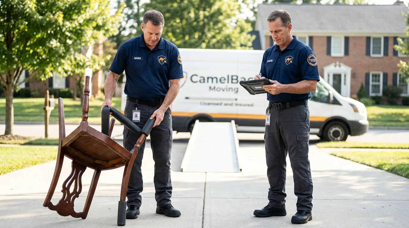 Movers inspecting furniture for damage prevention before loading in River Edge, NJ