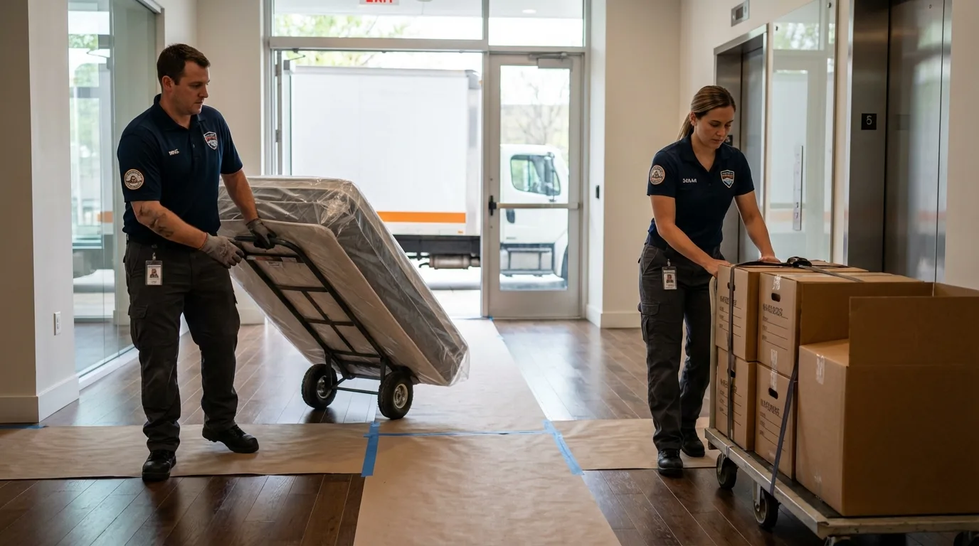 Professional apartment movers loading elevator in River Edge, NJ